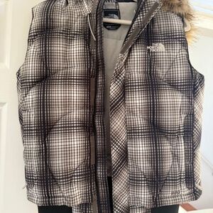 Like New The North Face Vest Women's Large Plaid Hooded Faux Fur
